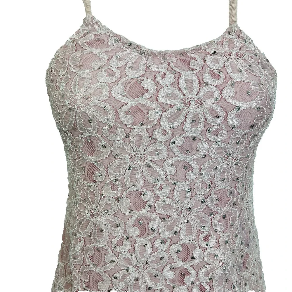 Vintage Pink Lace Dance Dress Silver Glitter Overlay Stretch Girls S Y2K Costume